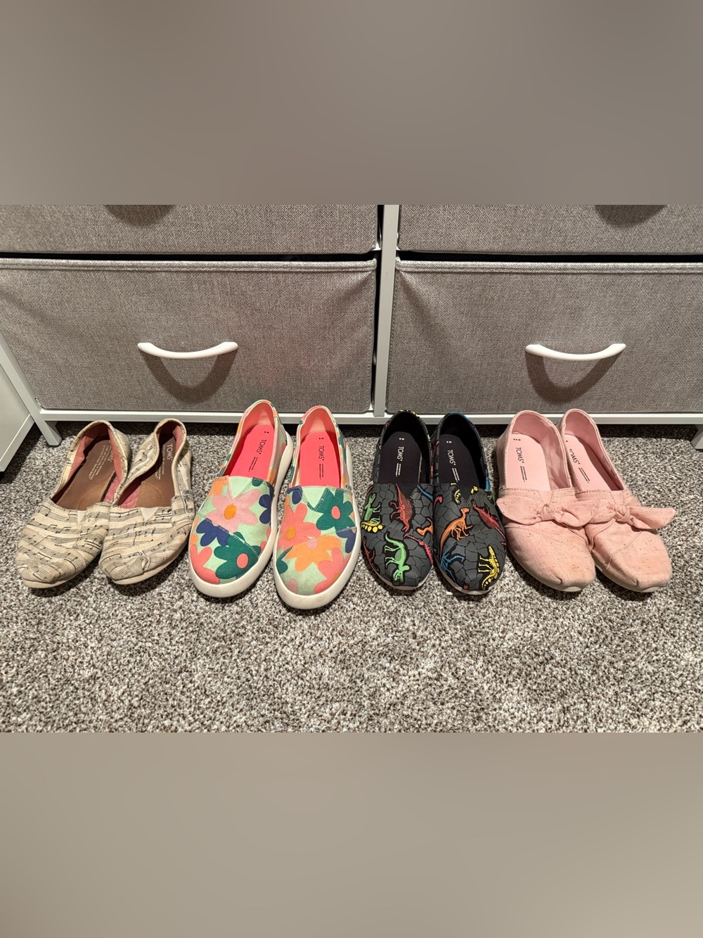 TOMS Canvas Slip-Ons in Floral, Dinosaur, Music Note & Pink